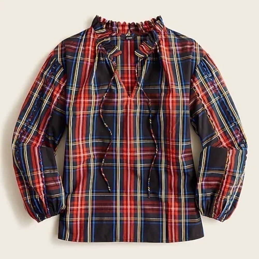 J.Crew Scalloped Tie Neck Stewart Tartan Plaid Poplin Shirt